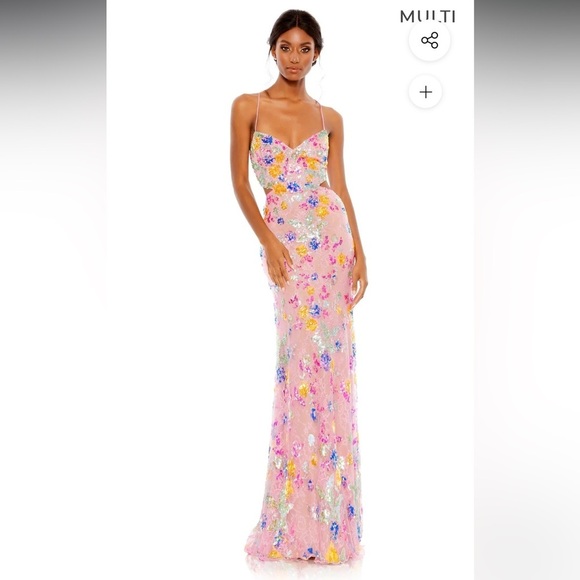 Mac Duggal pink lace floral embellished maxi dress